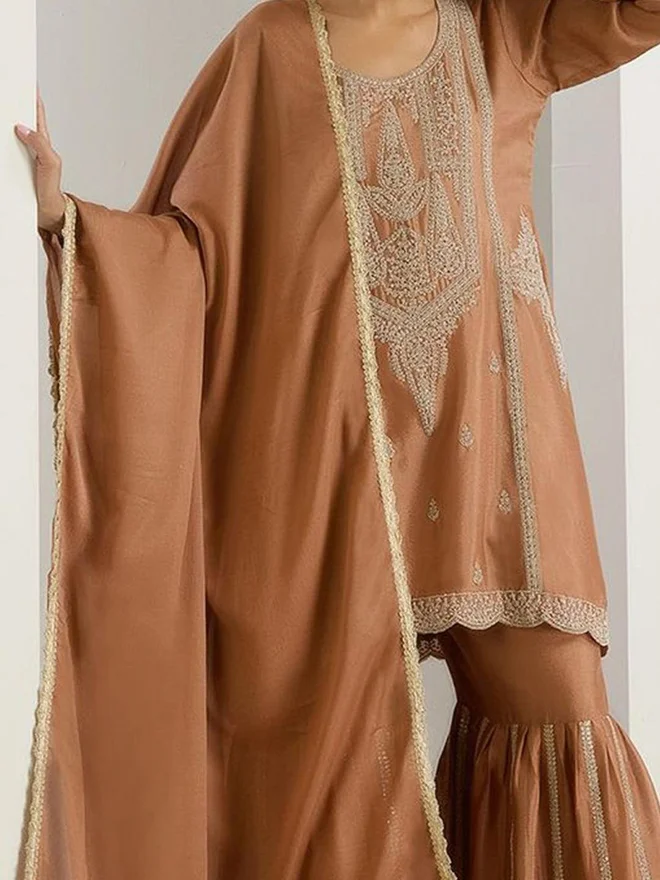 آي شين ISHIN 3-Piece Chinon Zari Embroidered Kurta, Sharara and Tassel Dupatta Set